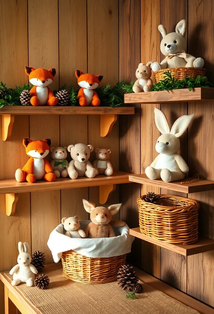 adorable display of stuffed animals arranged on shelves and in baskets as decorative elements at a woodland themed baby shower