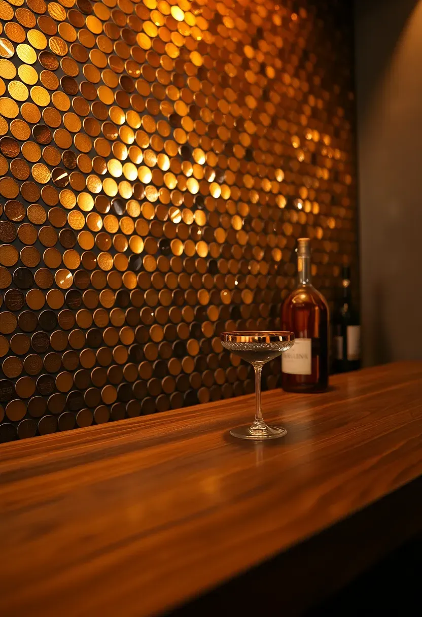 metallic penny round tile backsplash in bronze and gold tones behind a home cocktail bar