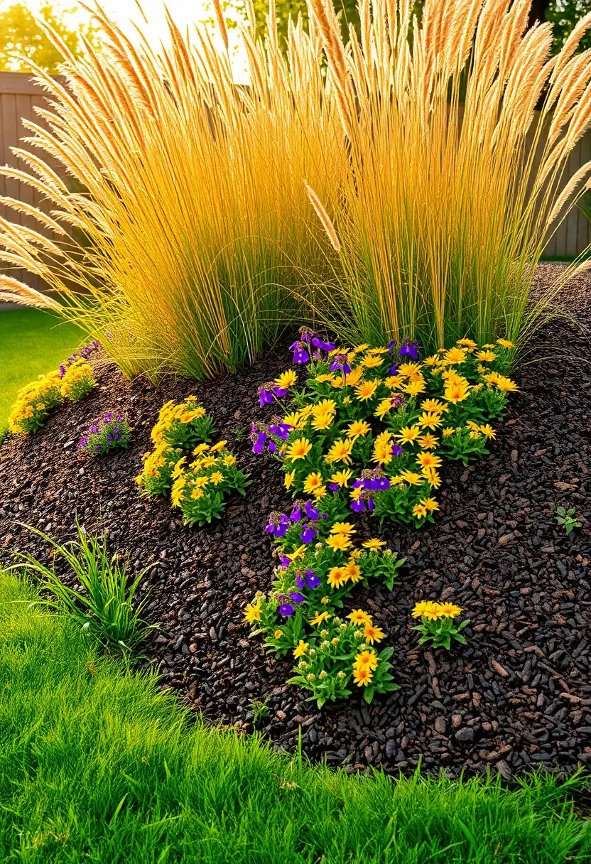 A landscaping berm in a backyard planted with layered ornamental grasses and flowering perennials creating a raised mound
