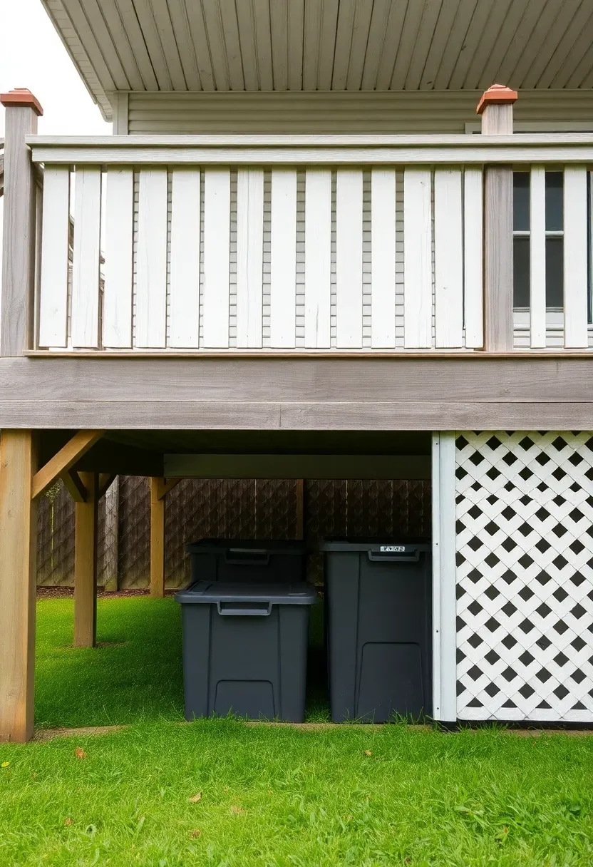 Raised backyard deck four feet off the ground with lattice skirting partially open to reveal organized storage bins underneath