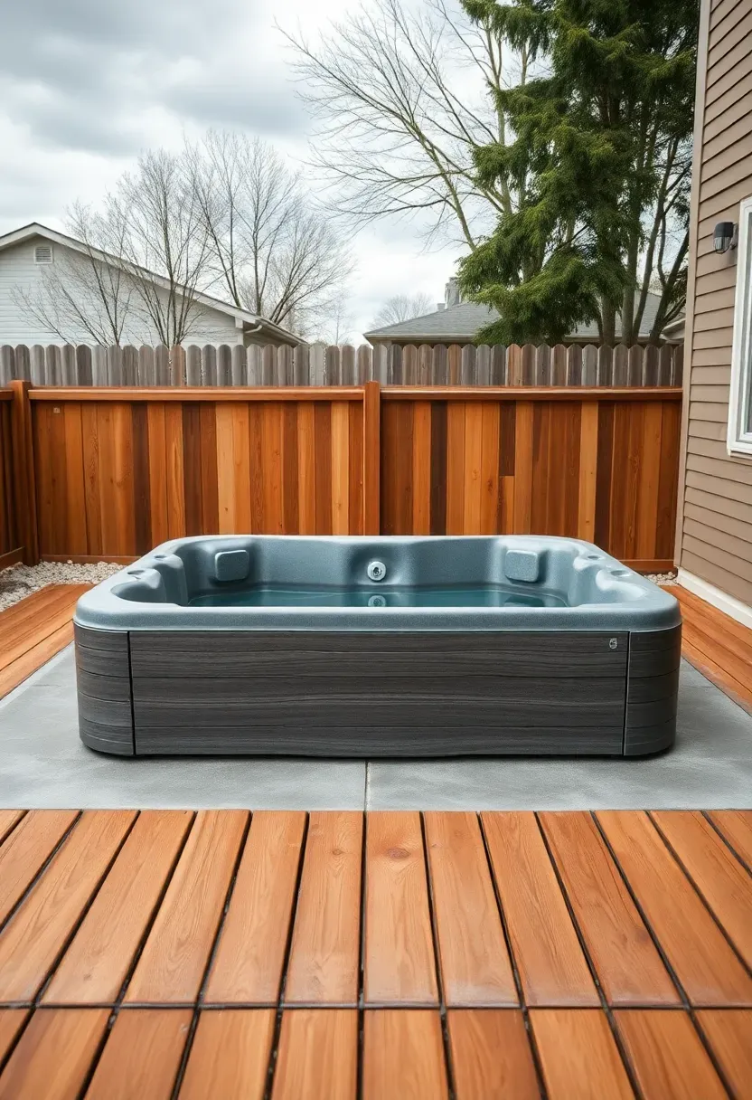 A rectangular swim spa sitting on a brushed concrete pad bordered by warm-toned cedar deck boards in a small suburban backyard