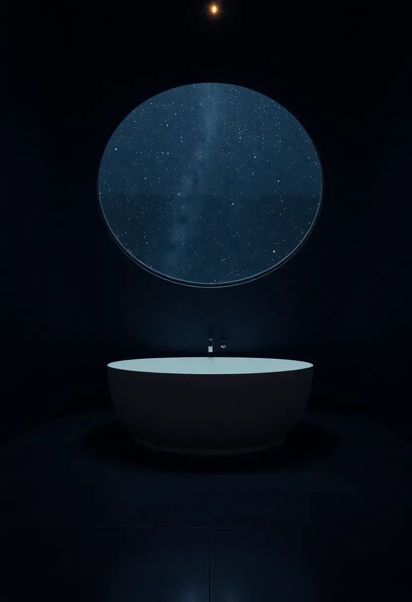 Circular domed bathroom with a glass observatory ceiling showing the night sky, freestanding tub below