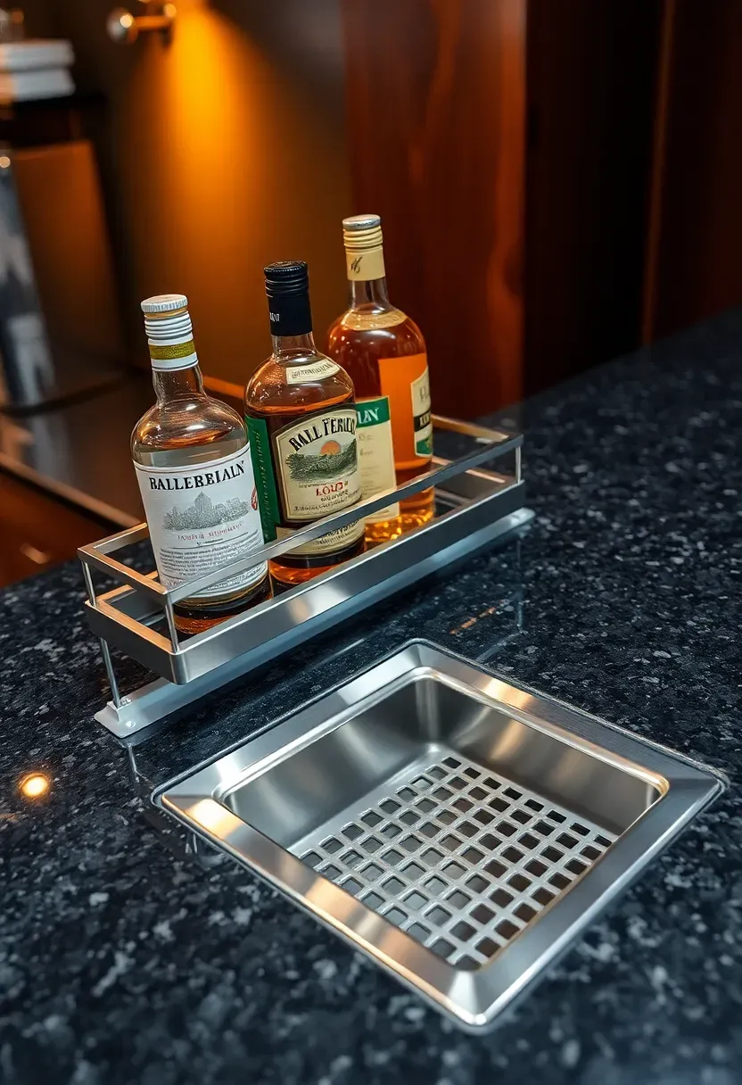 commercial style basement wet bar with stainless speed rail mounted below counter edge holding bottles and a recessed drip tray