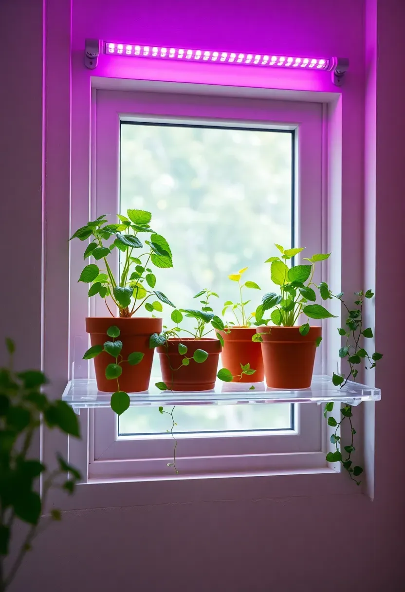Narrow basement window sill with a shelf garden of small potted herbs and trailing plants under a grow light strip