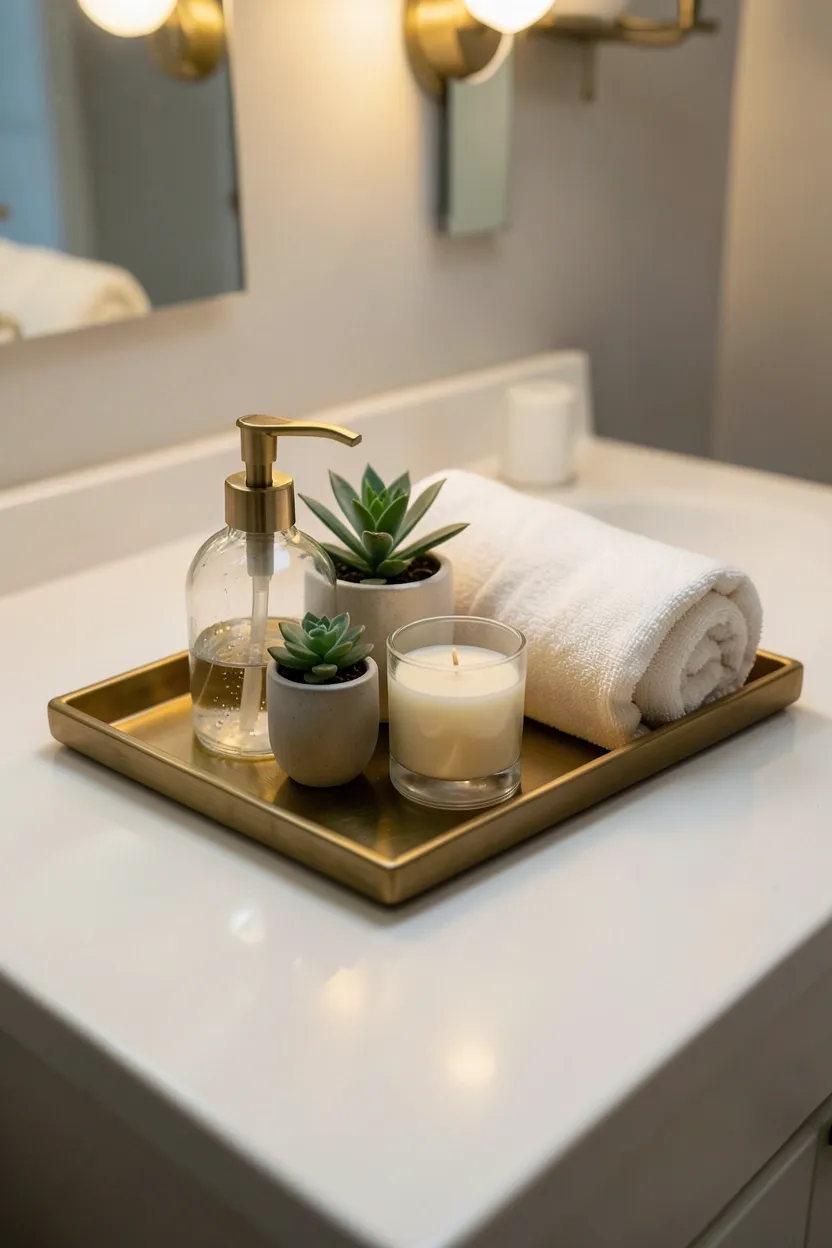 Brass decorative tray on bathroom vanity counter holding a glass soap dispenser, small potted succulent, and linen hand towel in a rental apartment