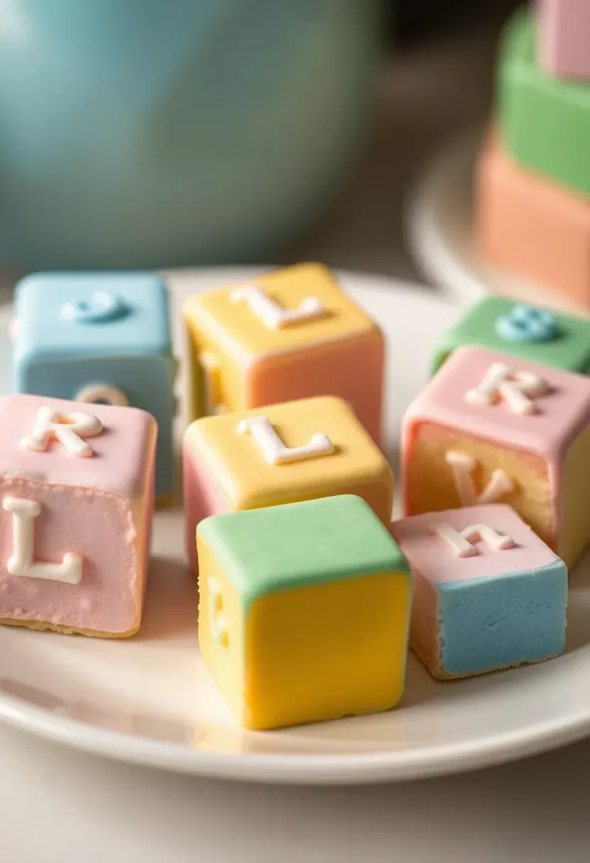 tiny fondant covered petit fours shaped and decorated like pastel baby alphabet blocks with letter details on each side