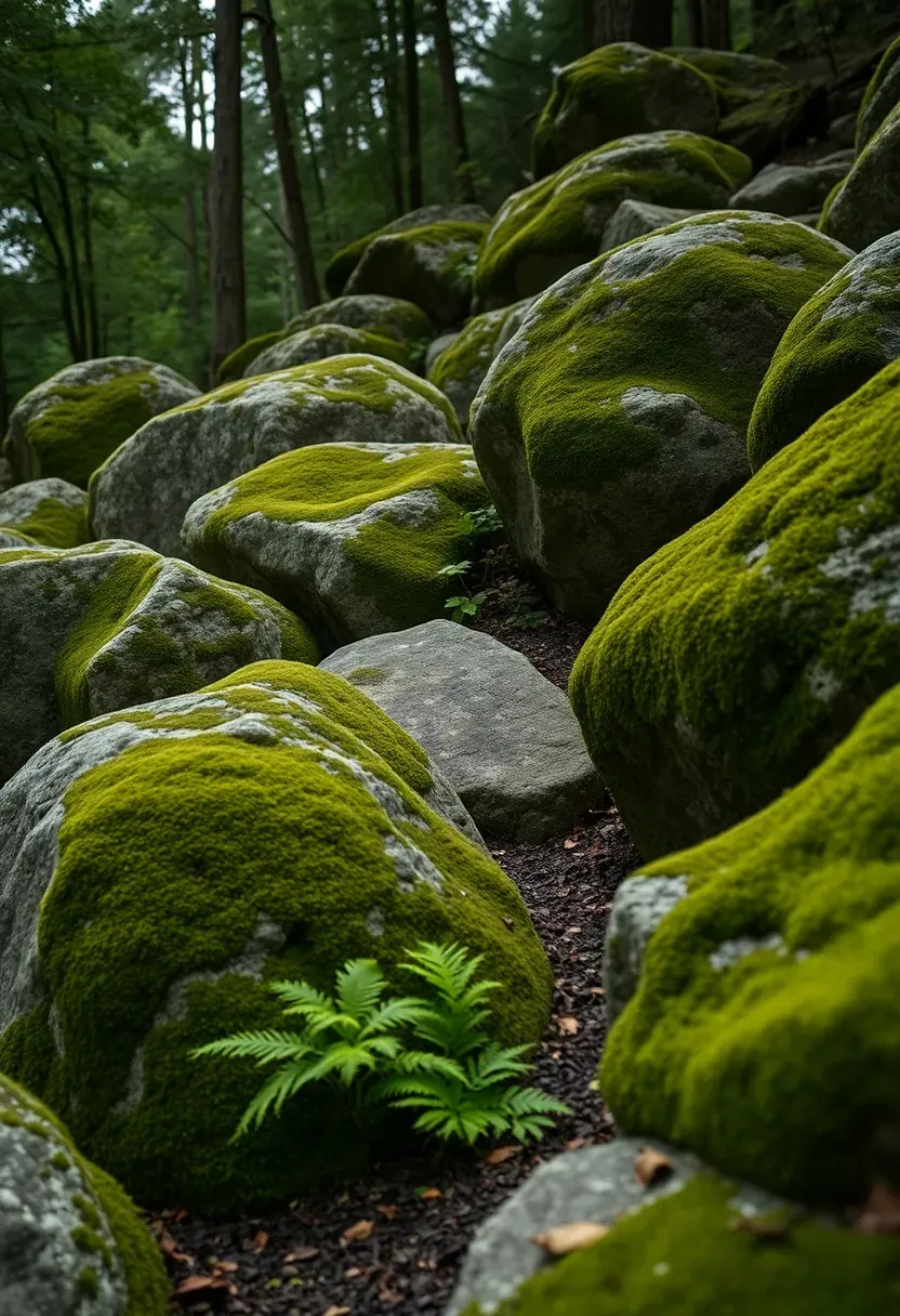 Large moss-covered boulders arranged as a retaining wall with native ferns and wildflowers growing between gaps on a wooded hillside