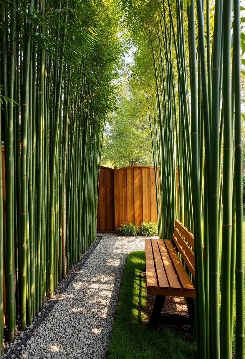 Tall clumping bamboo wall creating a green privacy screen along a backyard fence with gravel path and outdoor seating