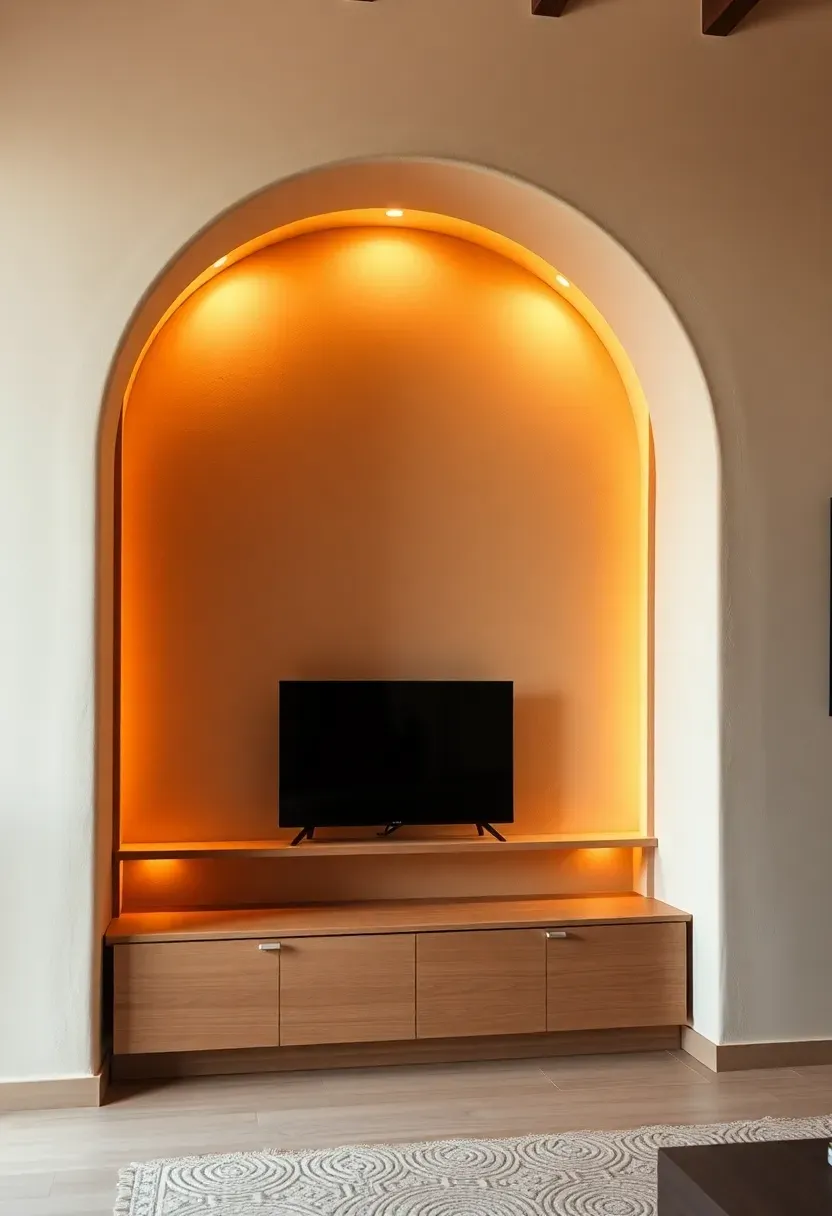 Living room with a large arched built-in alcove framing a TV, finished in warm plaster with integrated shelf lighting and a low media bench below