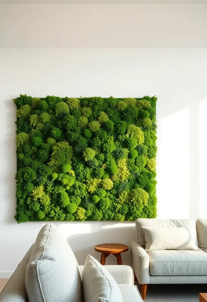 living room wall with preserved green moss panel installation creating a living art feature