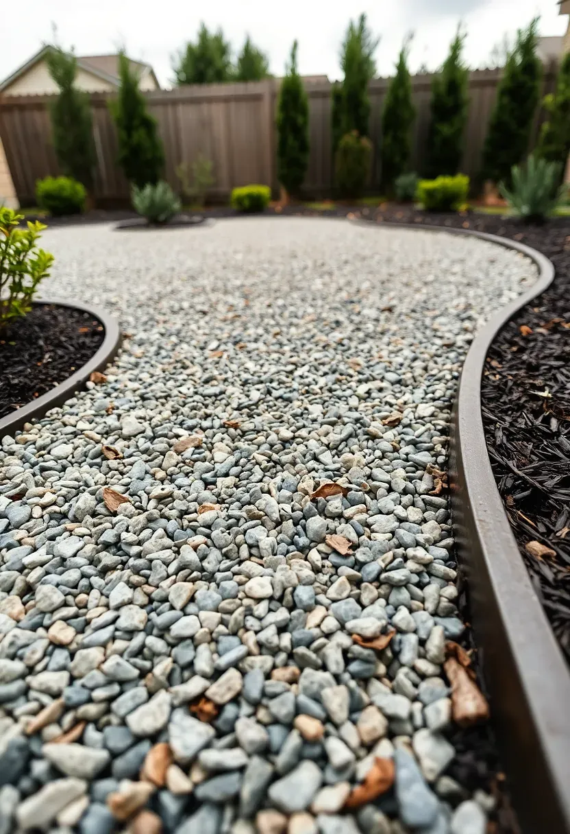 Backyard with fresh pea gravel surface and steel landscape edging creating clean borders around garden beds