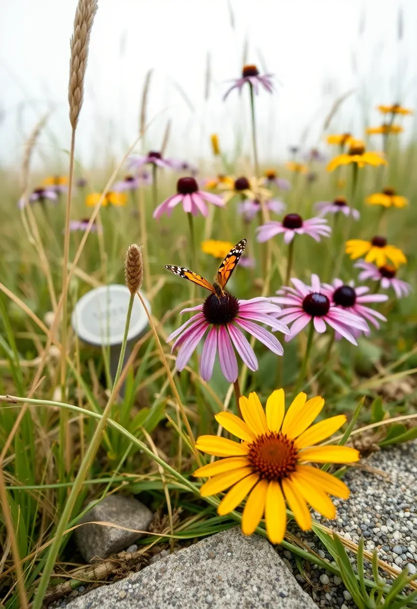 Native plant meadow garden with purple coneflowers, black-eyed Susans, and prairie grasses in naturalistic drifts
