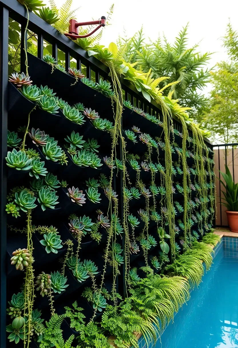 Pool fence converted into a vertical living wall with modular planters of succulents, ferns, and trailing plants creating a lush green barrier