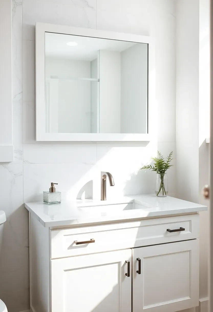 Rental bathroom with peel-and-stick marble-look backsplash tiles behind a white vanity with brushed nickel fixtures and a frameless mirror