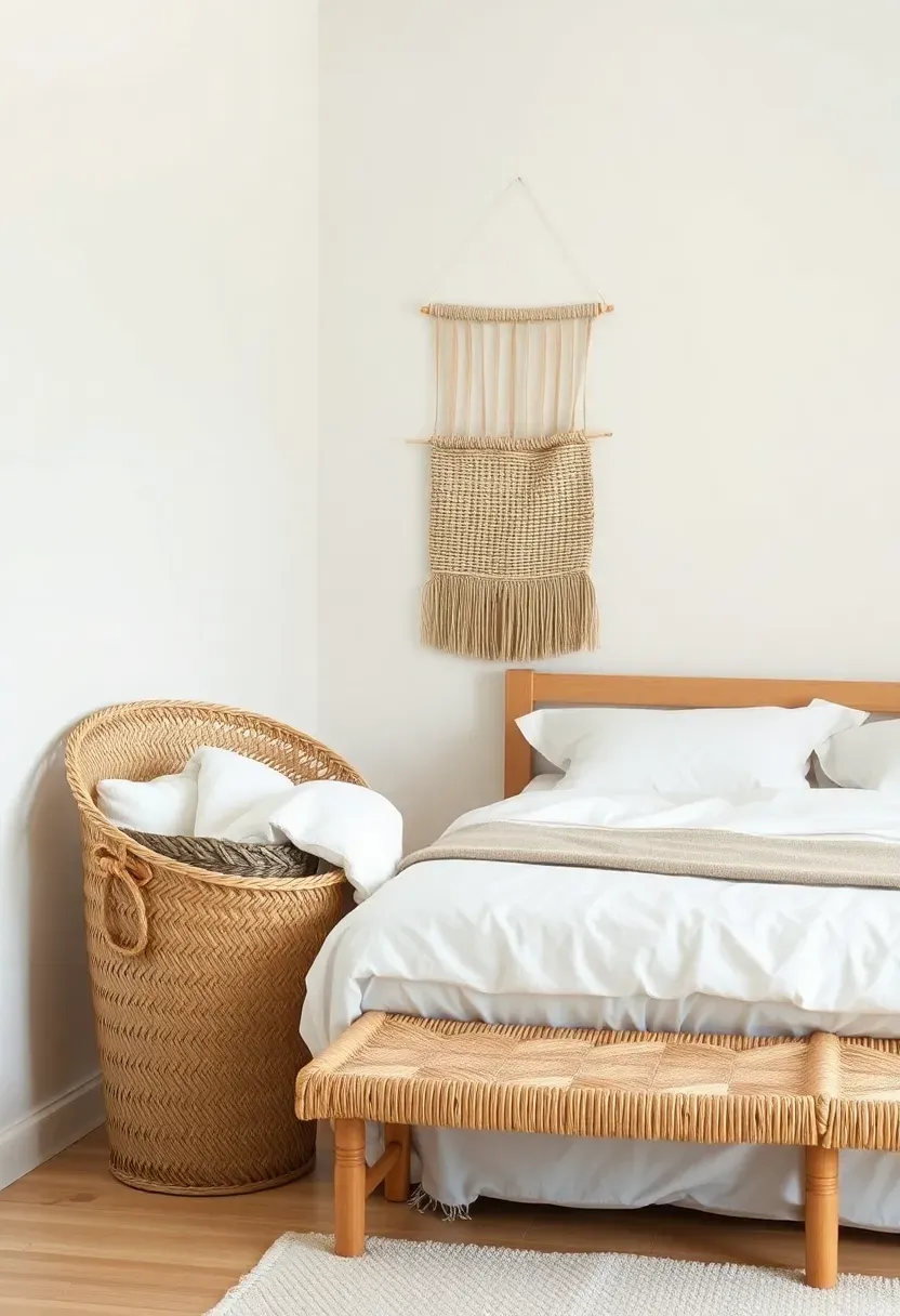 Hyper-realistic 3/4 view of a minimalist bedroom featuring woven texture elements. Materials: large woven seagrass basket in corner storing extra white blanket, small woven wall hanging of natural fibers above bed, light oak bed frame with woven rush seat bench at foot. White bedding, cream walls, light wood floor. Soft diffused light emphasizing woven textures and natural fiber variations. Clean uncluttered room with minimal objects. Handmade craftsmanship visible in weave irregularities.</p>