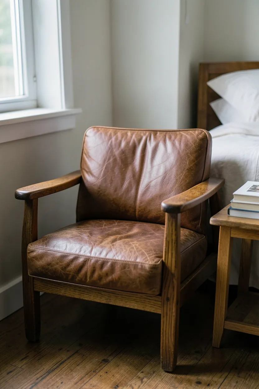 Hyper-realistic eye-level photograph of leather accent chair with wooden frame positioned in bedroom corner. Rich brown leather with visible grain and patina, oak wood frame showing grain, small wooden side table, stack of books, natural light from nearby window, glimpses of bed. Materials: aged brown leather, oak wood frame, pine side table, cotton bedding visible. Natural light, sophisticated rustic atmosphere. Shallow depth of field, sharp details on leather texture and wood grain, balanced composition showing chair and corner. No text, no logos, no watermarks.</p>