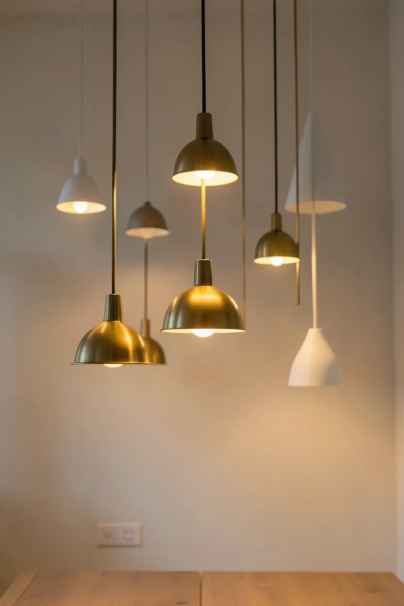 Brass minimalist dome pendant light casting warm glow over mid-century teak coffee table in Nordic living room