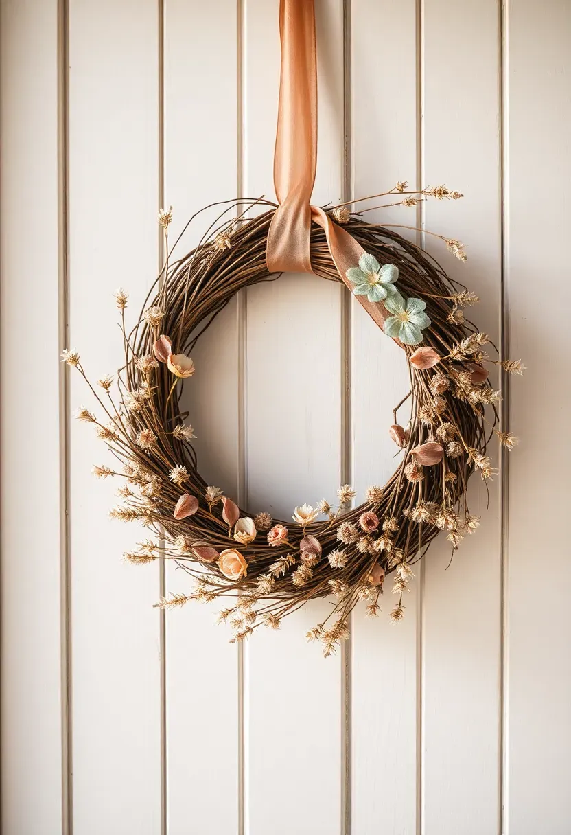 rustic grapevine Easter wreath with dried flowers and pastel ribbons on a white wooden door