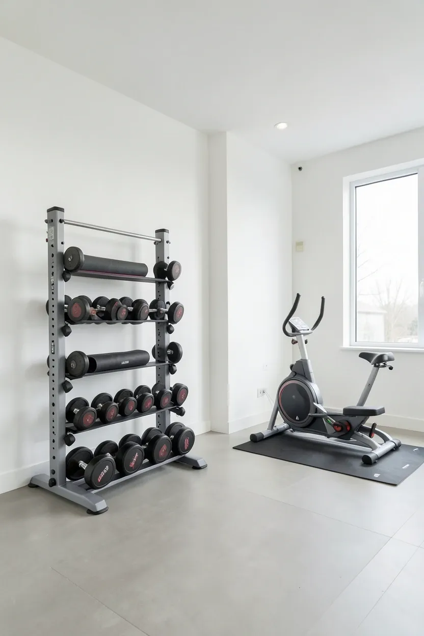 Small home gym with single-purpose equipment — yoga mat, dumbbell bench, and one cardio machine arranged cleanly along a white wall