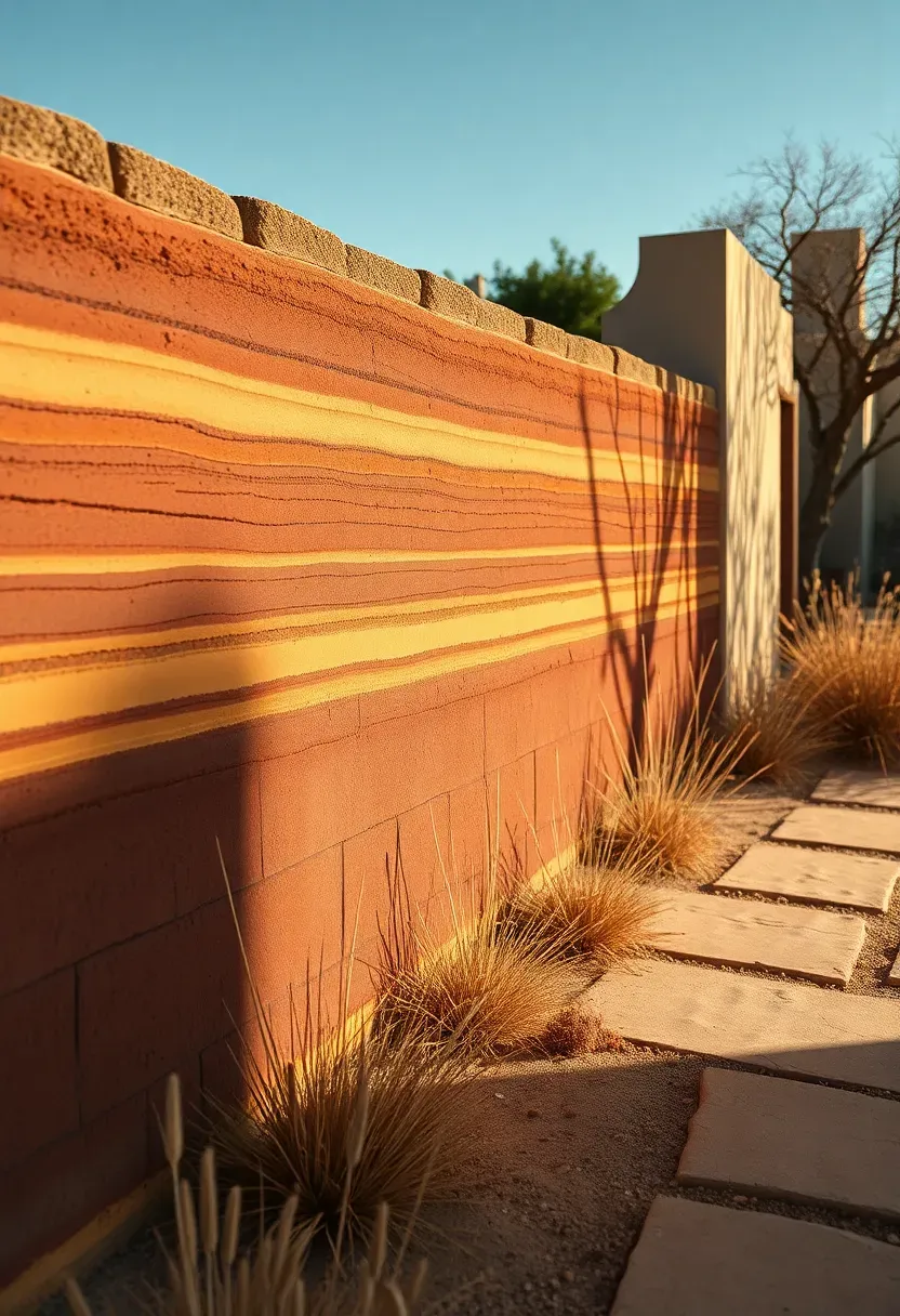 Rammed earth wall with visible layers of red brown and ochre soil in a dry climate backyard with native grasses and a flagstone path