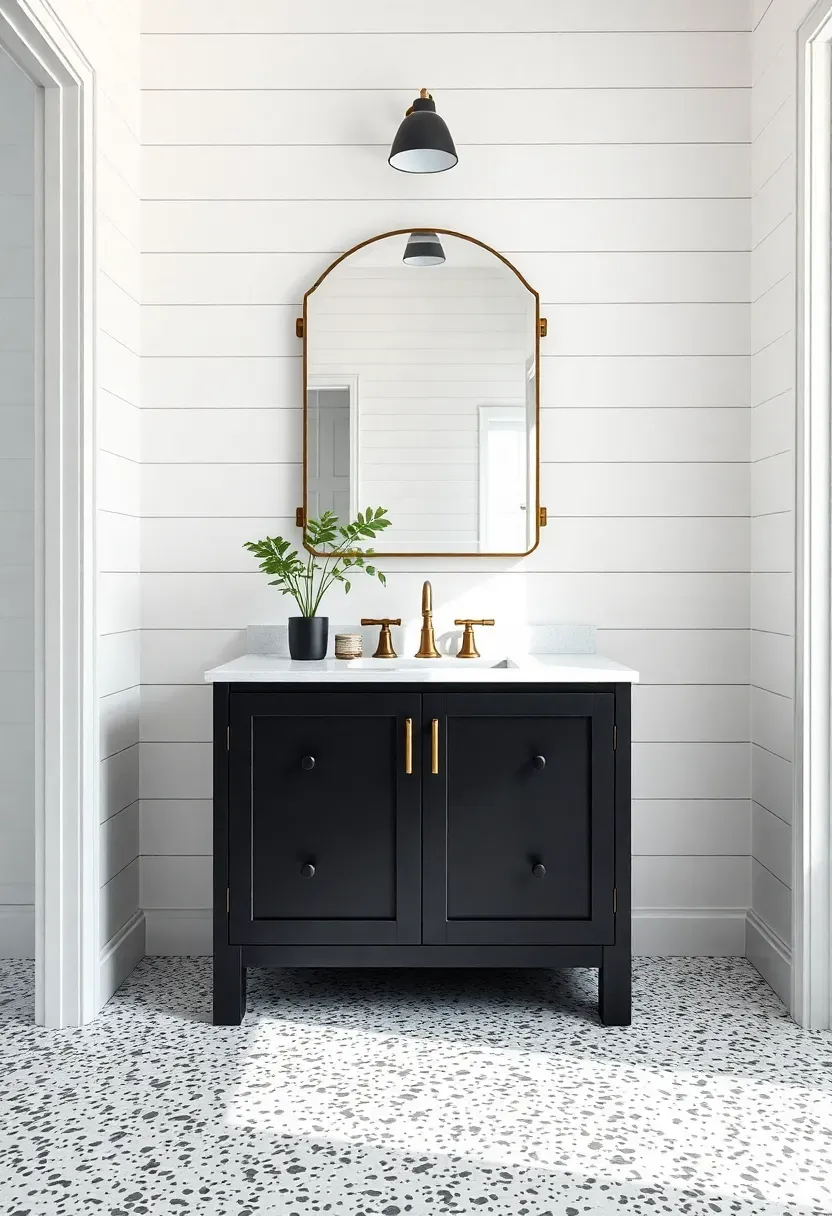 Black and white terrazzo floor tiles with speckled pattern in a modern bathroom — vintage-meets-contemporary design