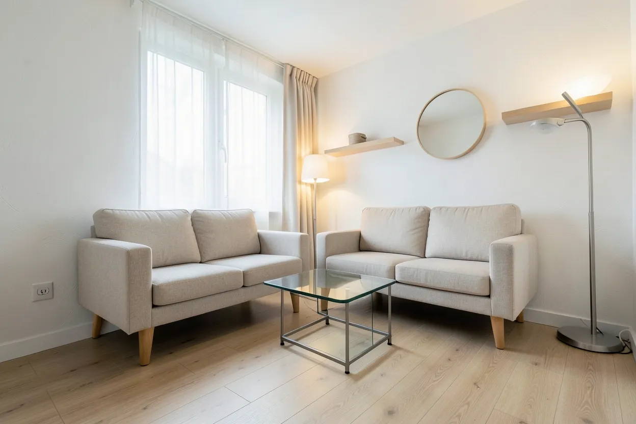 Small Scandinavian living room with white walls, light oak shelves, and a compact two-seater sofa in a cozy rental apartment