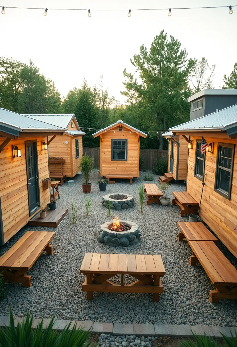 Hyper-realistic elevated 3/4 view of tiny house community showing three modern tiny houses with light wood siding surrounding central shared green space with fire pit, communal wooden seating, string lights overhead. Materials: natural cedar siding, metal roofing, pea gravel ground cover, warm wood benches. Golden hour light creating long soft shadows. Potted plants and small garden beds between structures. Serene community atmosphere. Shallow depth of field, sharp focus on foreground tiny house details. No text, no logos, no watermarks.</p>