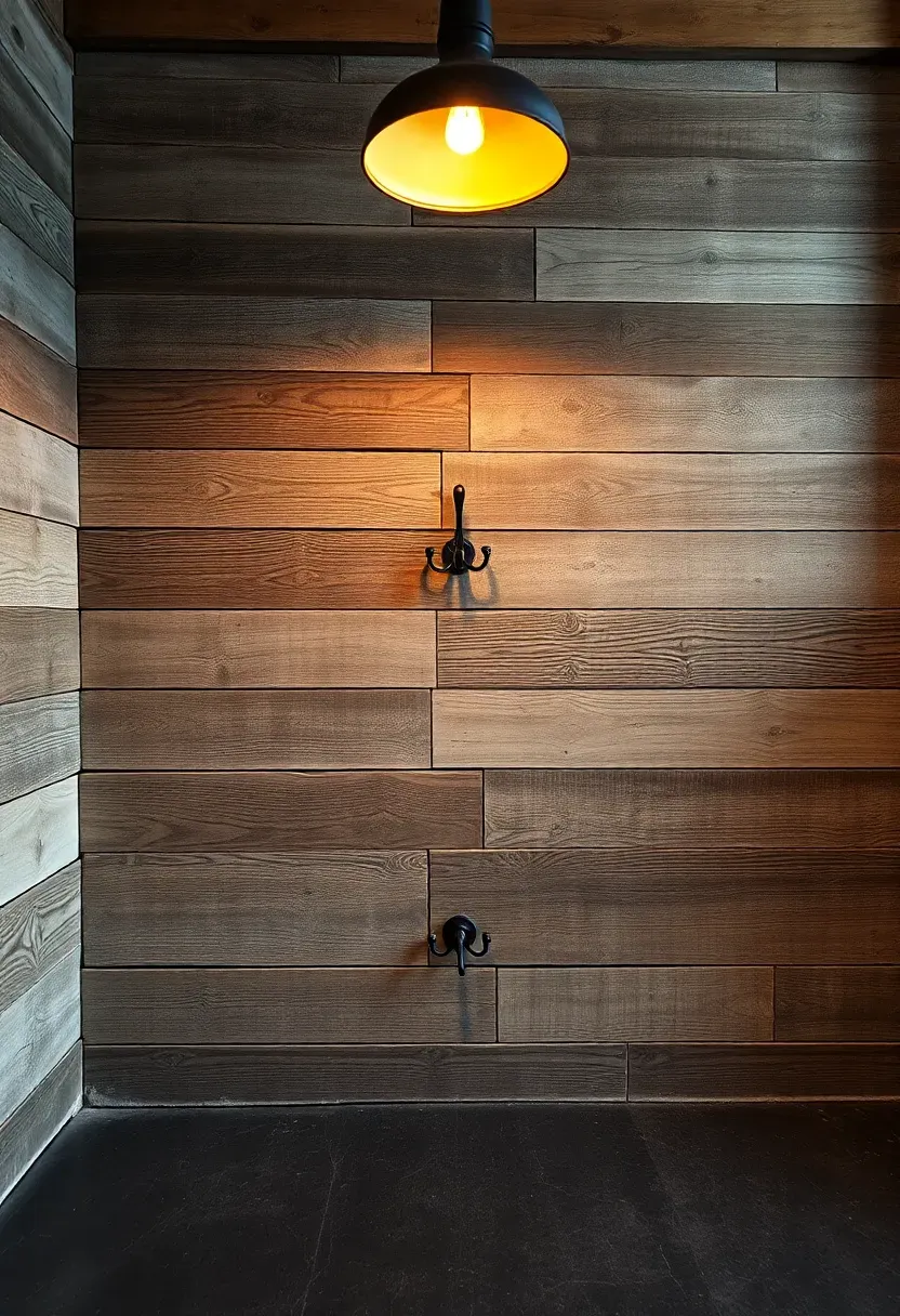 reclaimed barn wood planks in mixed gray and brown tones covering a full basement wall with visible nail holes and weathering