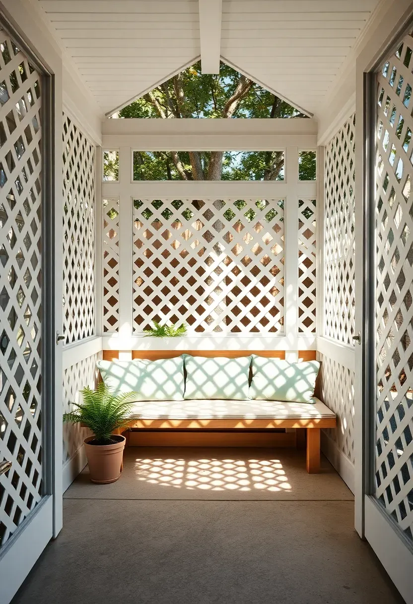 White-painted lattice panels forming a three-sided enclosure around a backyard sun room with cushioned bench seating