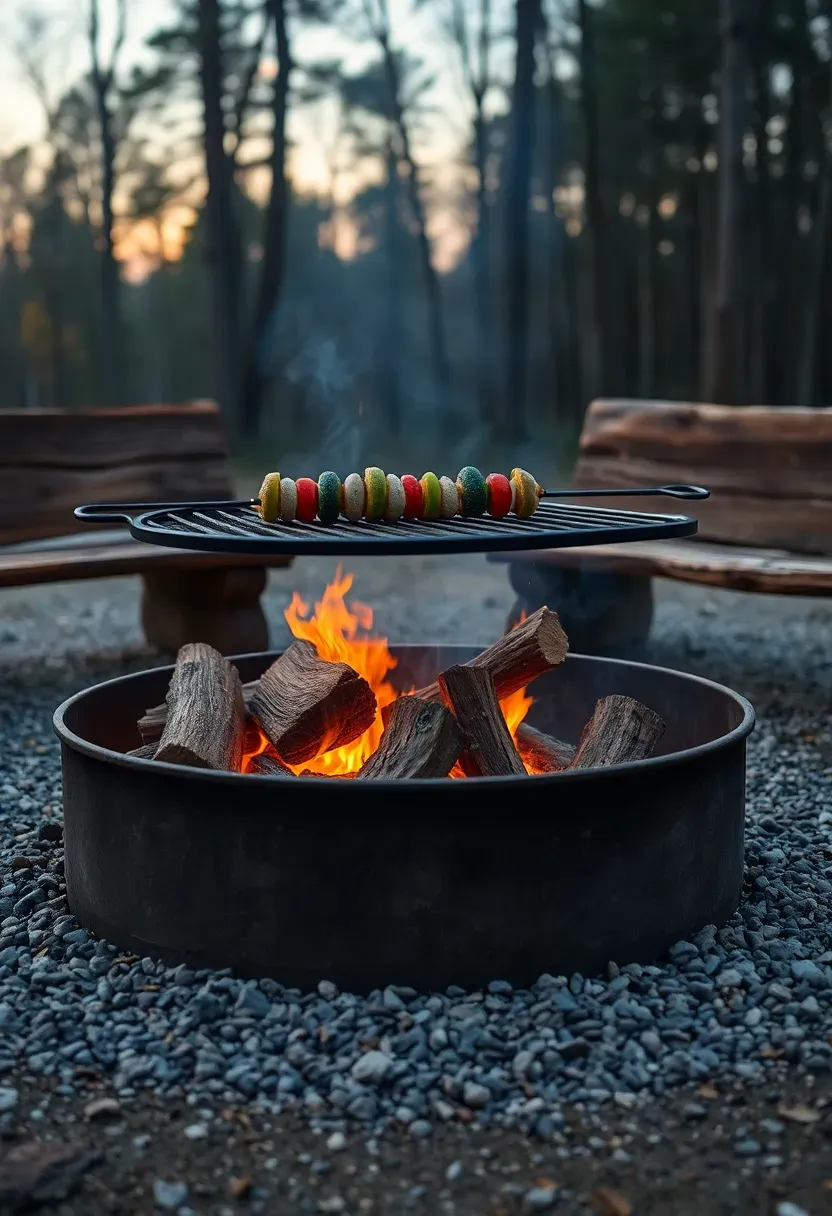 Rustic campfire-style fire pit with a swinging cast iron grill grate over burning hardwood logs, surrounded by log seating in a forest clearing backyard