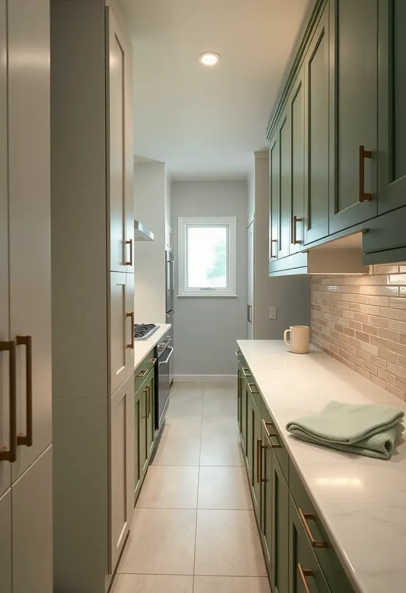 Narrow galley basement kitchen with cabinets on both sides, under-cabinet LED lighting, and a small window at the far end