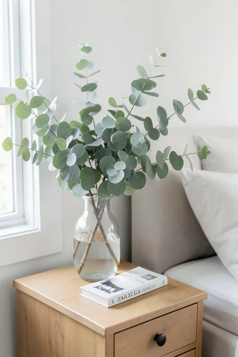 Fresh eucalyptus stems in a clear glass vase on a wood nightstand beside soft neutral bedding in a scandinavian farmhouse bedroom