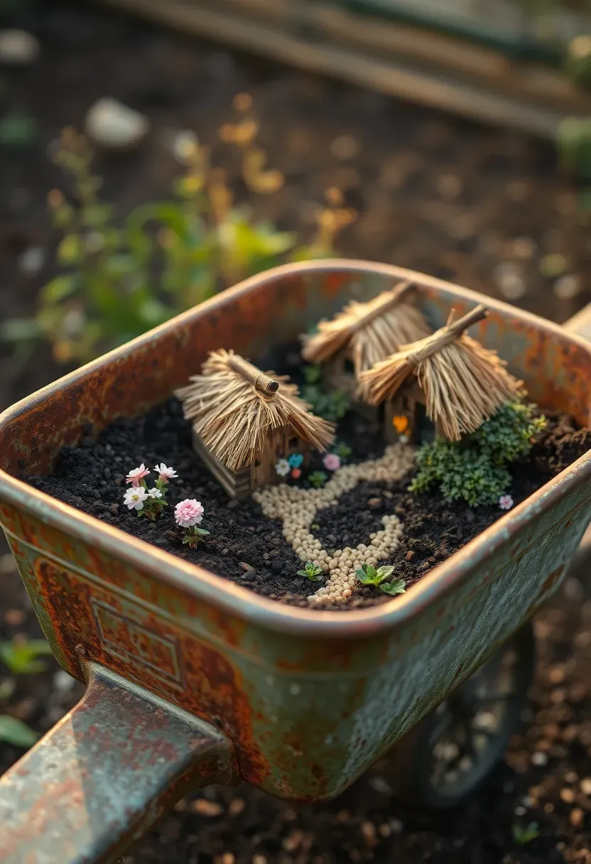 An old rustic wheelbarrow filled with soil and planted as a fairy village with tiny thatched-roof cottages, winding paths, and miniature flowering plants