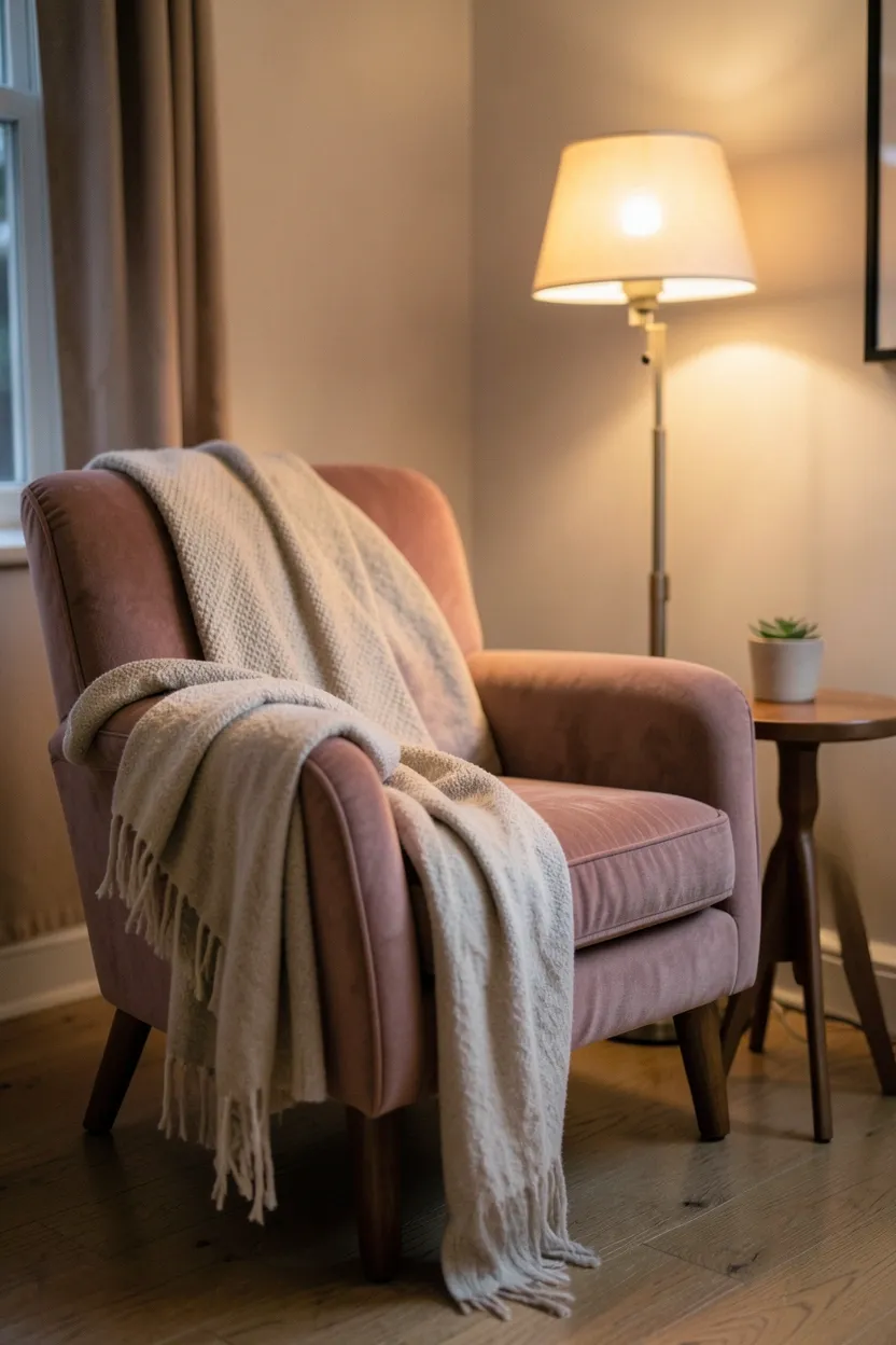 Cozy reading nook with a vintage mid-century armchair, floor lamp, and wool throw by a window in a Scandinavian apartment