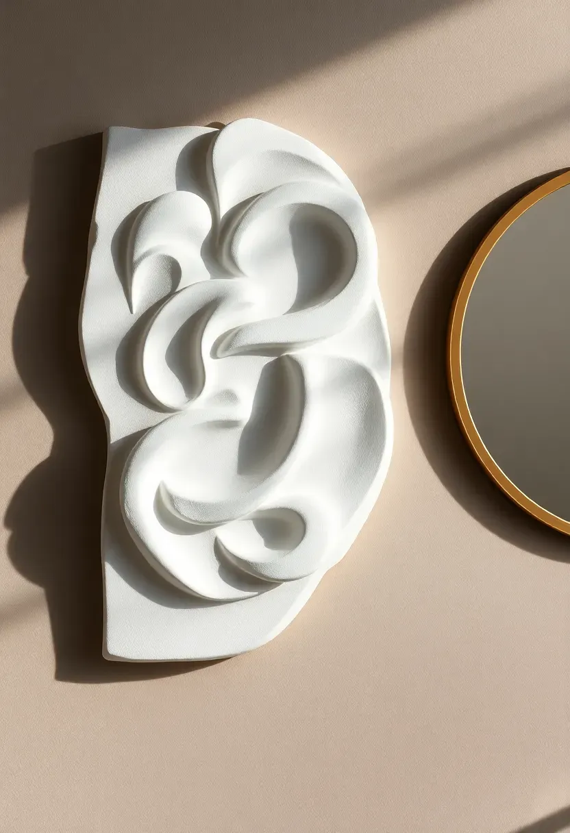 Abstract white plaster wall sculpture with organic curved shapes mounted on a warm gray bathroom wall near a round mirror