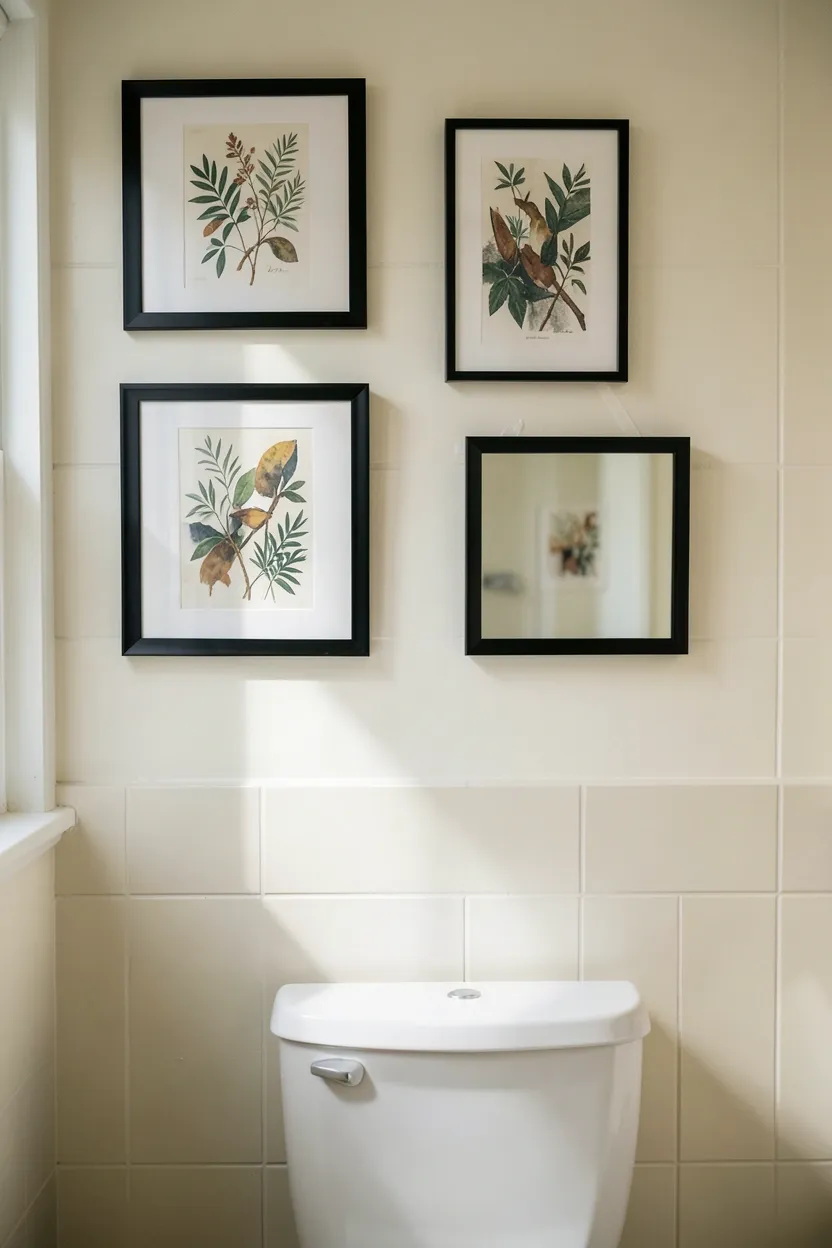 Framed art gallery above toilet in a rental bathroom — small botanical prints and abstract art in coordinating frames on white wall