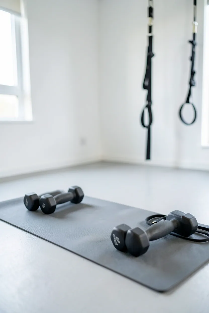 Minimalist home gym layout in small apartment with adjustable dumbbells, resistance bands, and yoga mat on clean rubber flooring