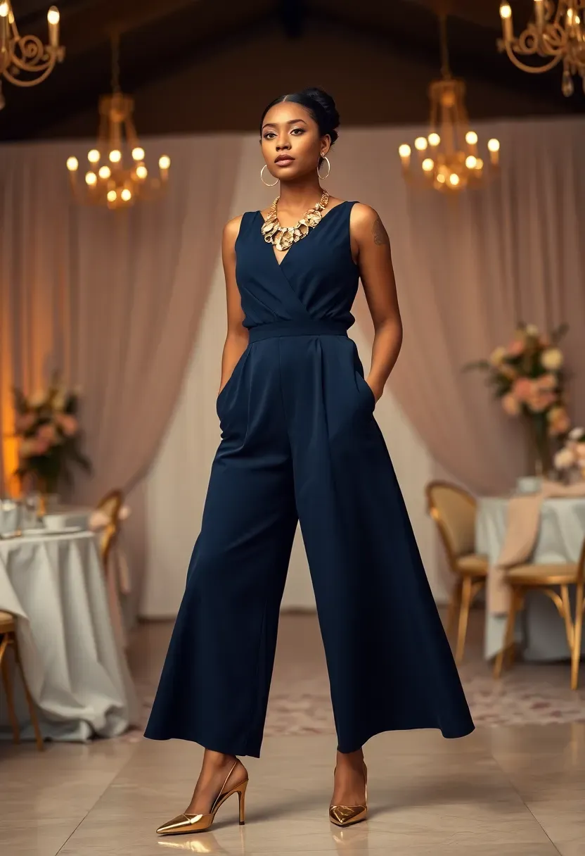 elegant navy blue jumpsuit with gold statement necklace and heels for a winter baby shower
