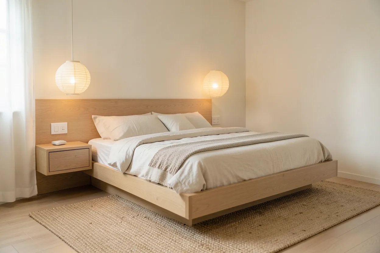 Serene japandi small apartment bedroom with low oak platform bed, linen bedding, and floating nightstands in a neutral sunlit rental space