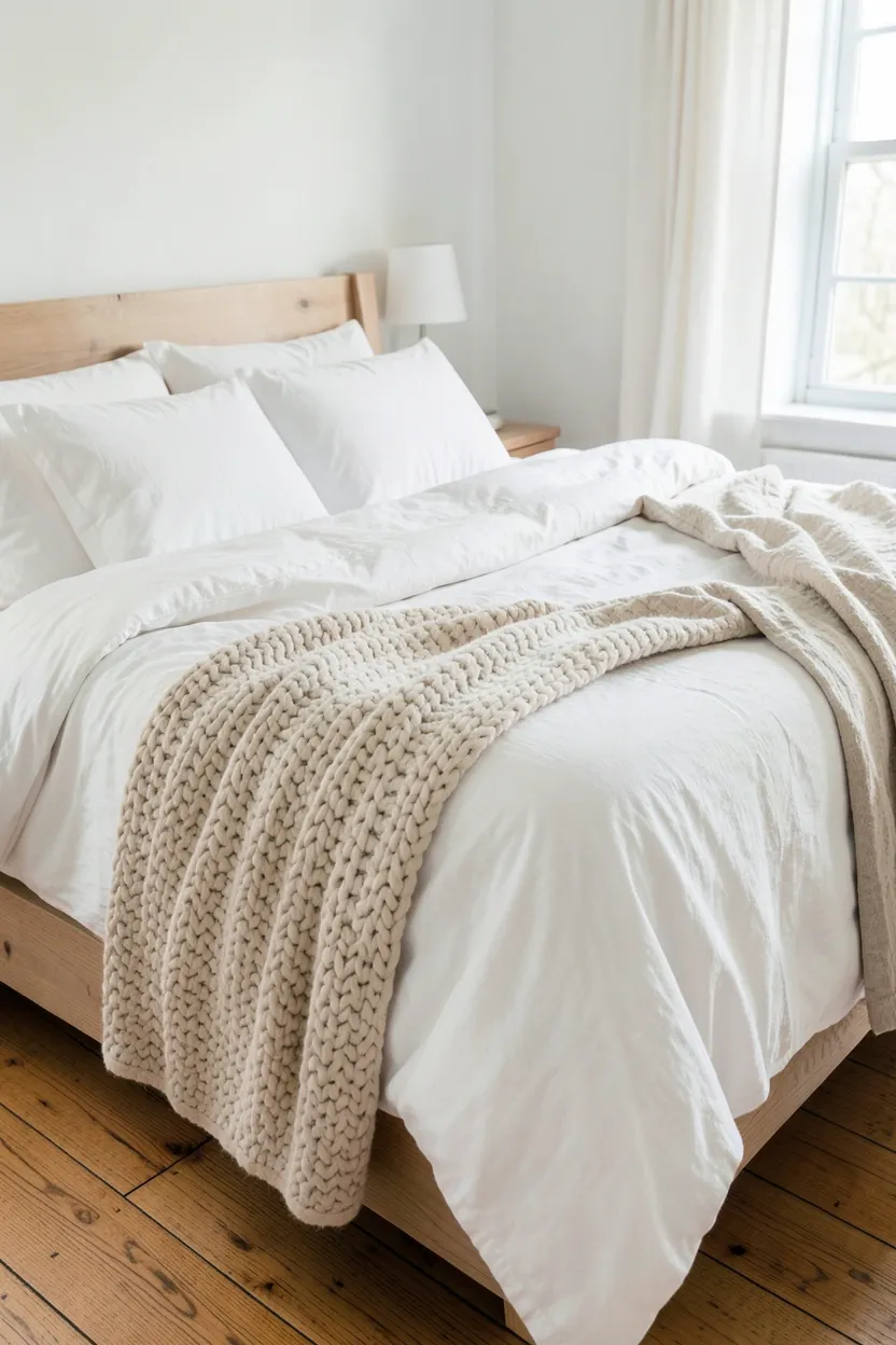Layered neutral textured bedding with chunky knit throw, cream linen duvet, and oatmeal cotton pillows on a Scandinavian rustic bed
