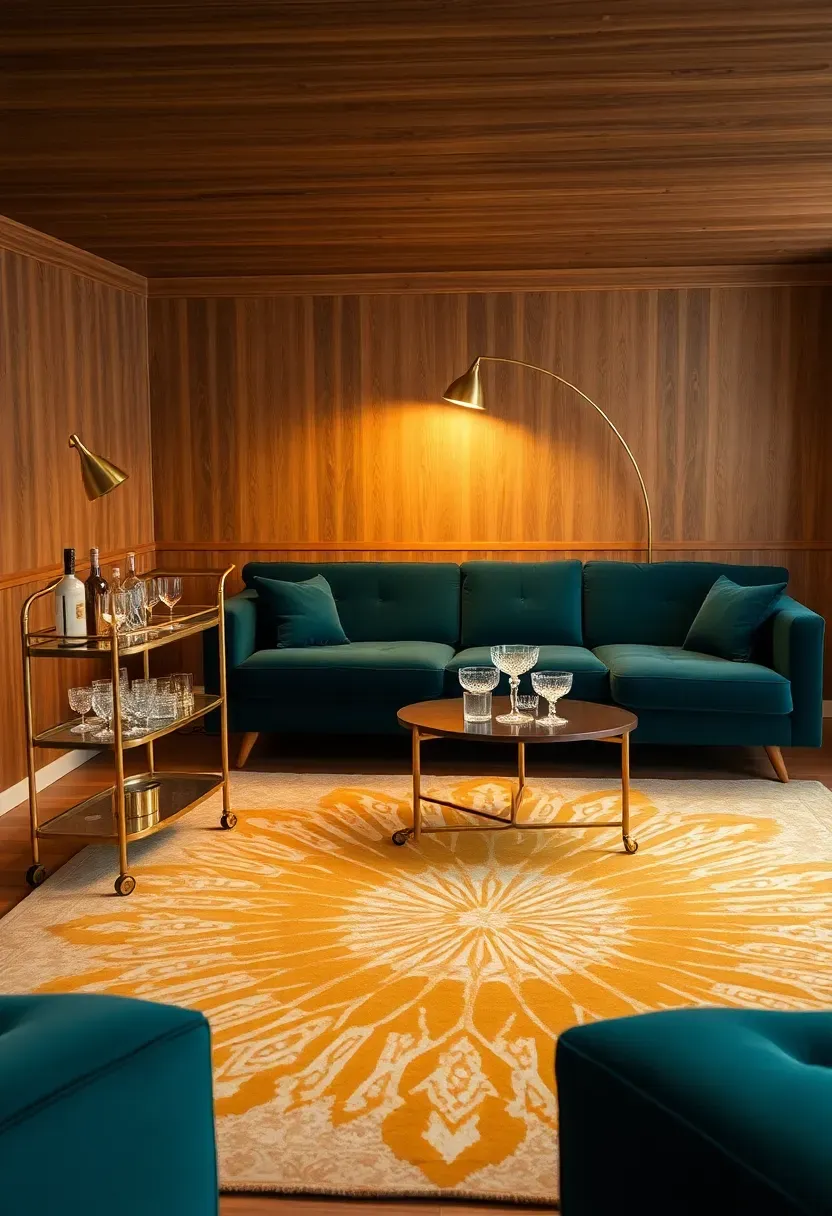 Mid-century modern basement rec room with walnut paneling, a teal sectional sofa, retro bar cart, and a geometric area rug