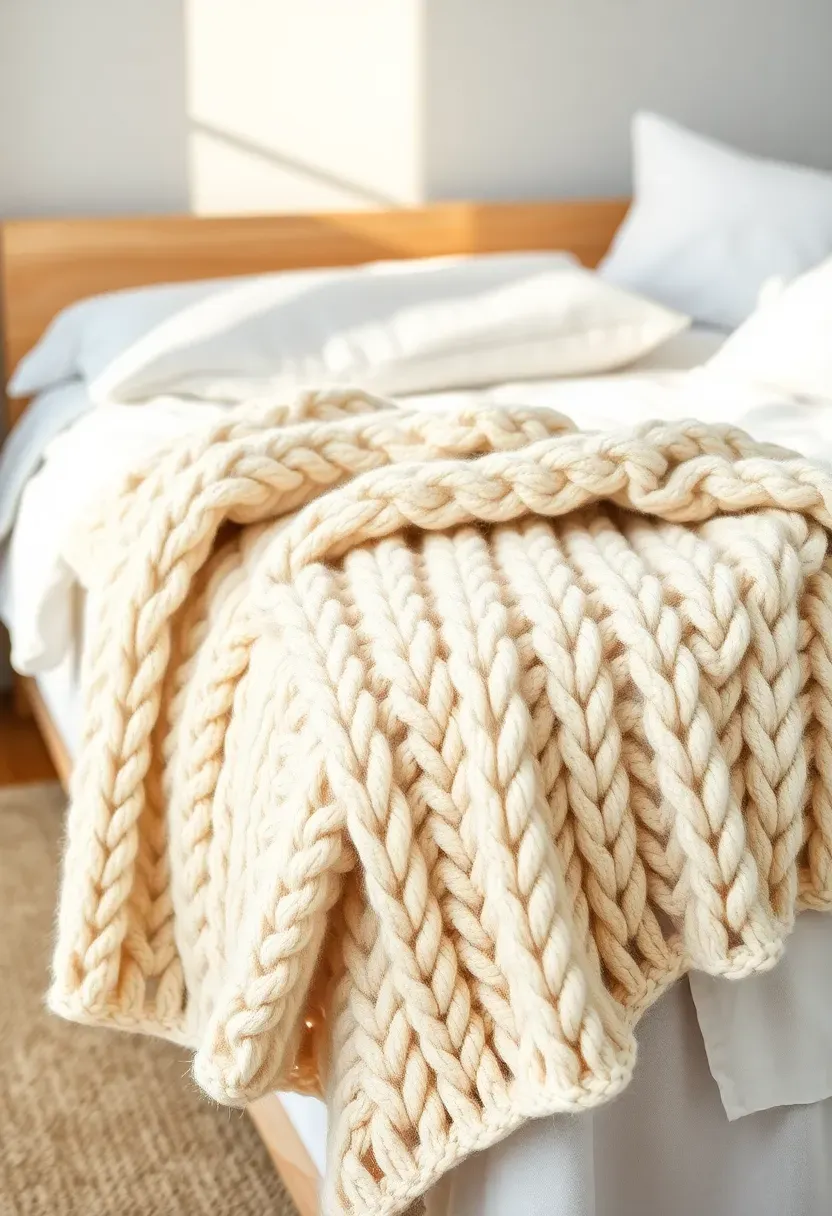 Hyper-realistic view of minimalist boho bed with a chunky cream knit throw blanket draped artfully across the foot. Materials: thick cable knit wool texture, white linen bedding underneath, light wood bed frame. Soft morning light highlighting the knit texture. Minimalist composition with the throw as the only additional layer. No text, no logos, no watermarks.</p>
