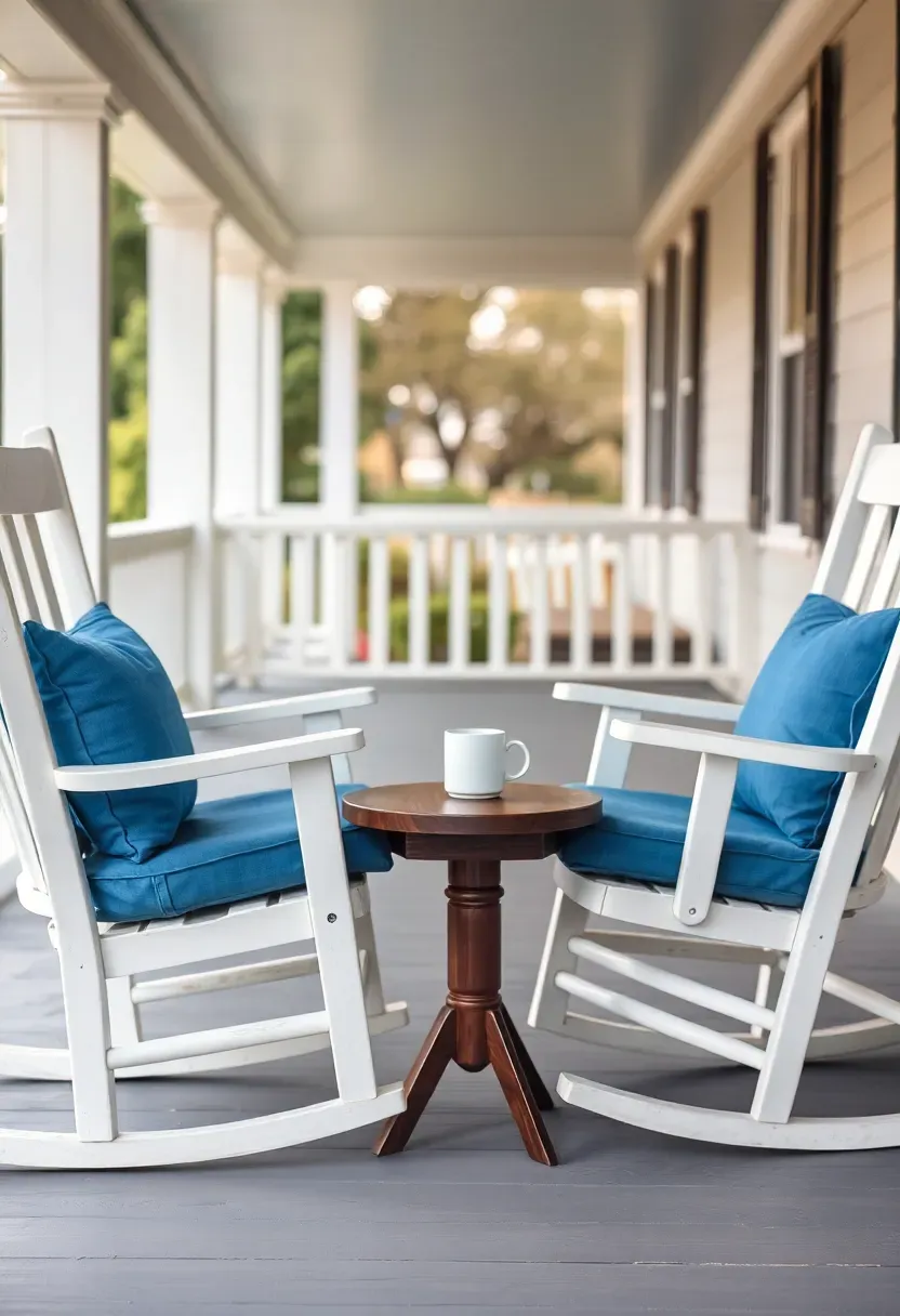 Two white wooden rocking chairs with blue cushions and a small round side table on a covered porch