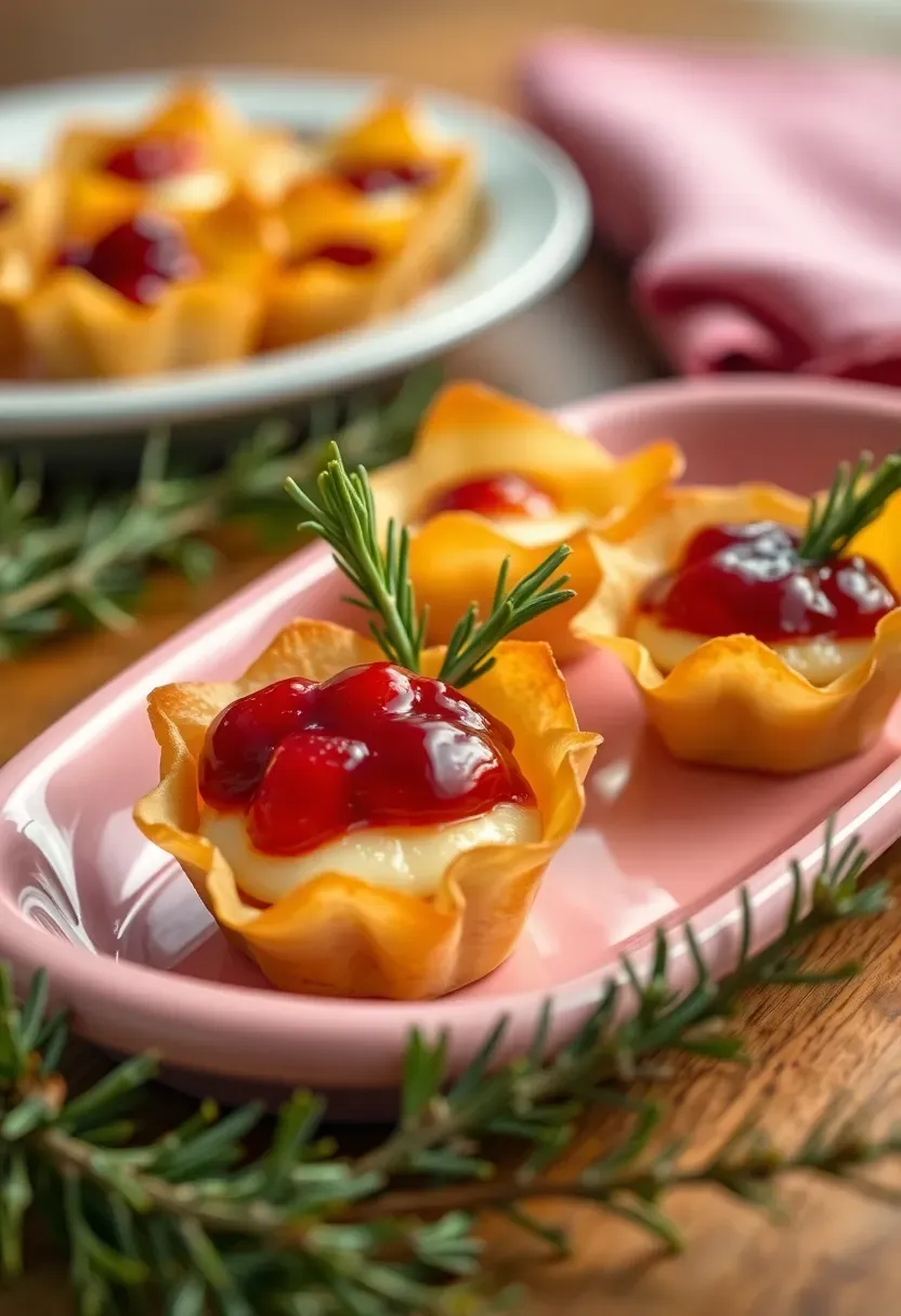 golden phyllo cups filled with melted brie and cranberry sauce garnished with rosemary on a pink serving tray