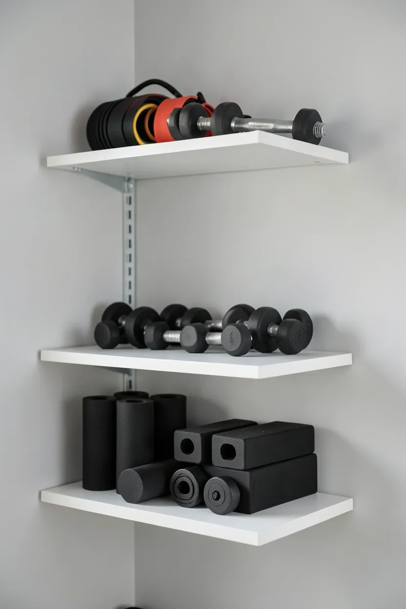Floating shelves at varying heights displaying organized gym equipment including dumbbells and resistance bands on a small home gym wall