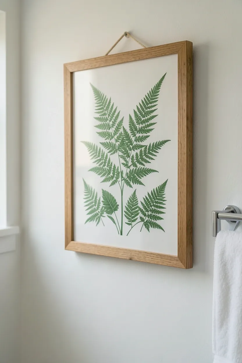 Framed botanical fern print in shades of green hanging on a white bathroom wall above the toilet adding nature-inspired art to a rental space
