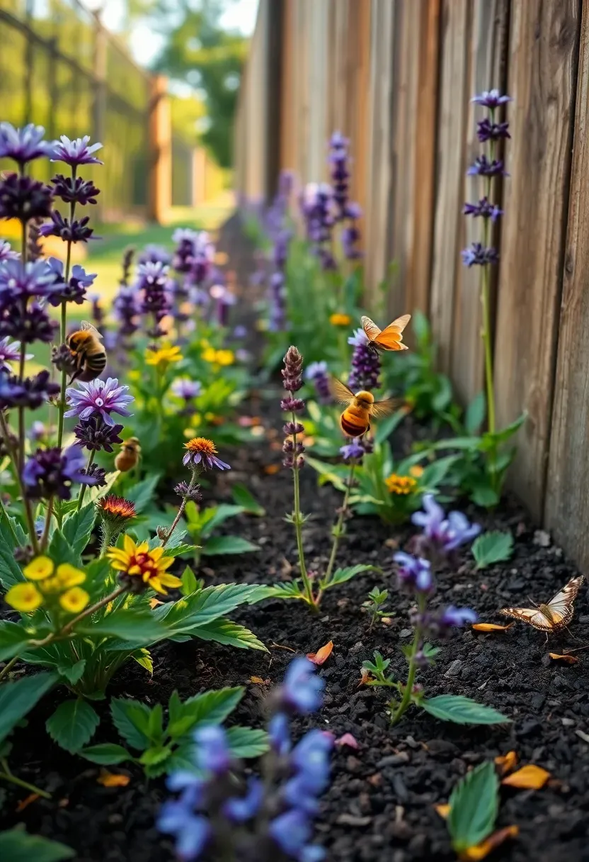 Pollinator corridor garden along a fence line with bee balm, salvia, milkweed, and borage, bees and butterfly visible