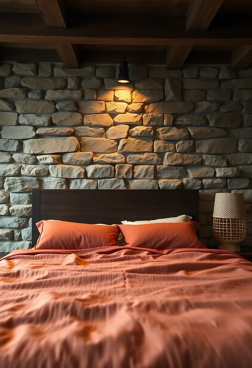 Basement bedroom with a natural stone accent wall behind the headboard, warm overhead lighting, and earthy bedding
