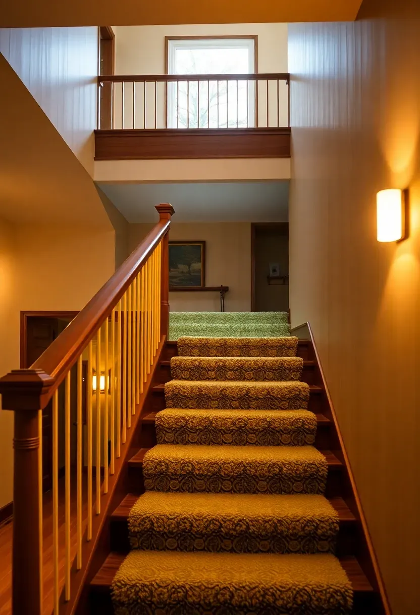 Mid-century modern staircase with solid teak open-riser treads, mustard yellow wrought iron balusters, walnut-capped handrail, and avocado green shag rug on landing