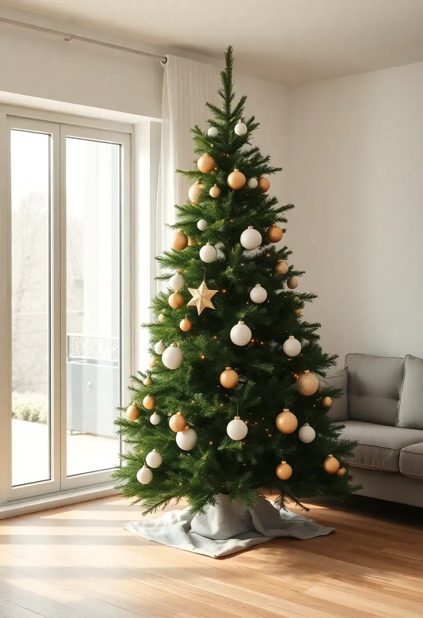 Hyper-realistic wide shot of living room featuring single 7-foot fir tree as focal point in corner beside large window. Tree decorated sparingly with large matte white and gold ornaments, warm white LED lights, linen tree skirt at base. Tree stands on light wood floor with generous empty space around it, neutral gray sofa visible in background, white walls, simple side table with one small pine arrangement. Materials: fresh fir, matte ceramic ornaments, brass, linen, wool. Soft morning light (4800K) from window creating gentle shadows on tree branches, serene holiday mood like Dwell magazine, composition showing tree as clear focal point with negative space, rule-of-thirds placement. No text logos watermarks.</p>